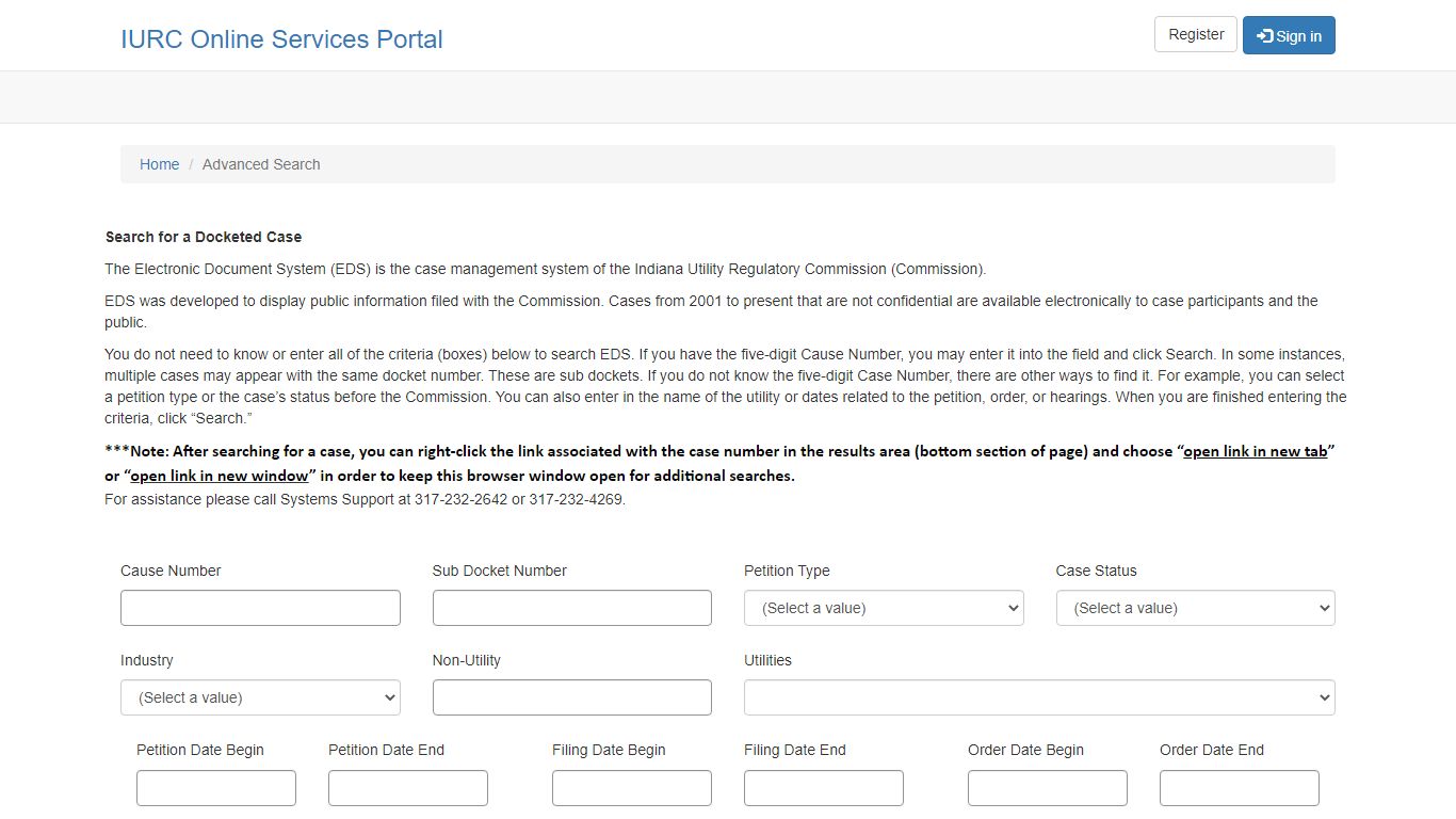 Advanced Search · IURC Online Services Portal - Indiana